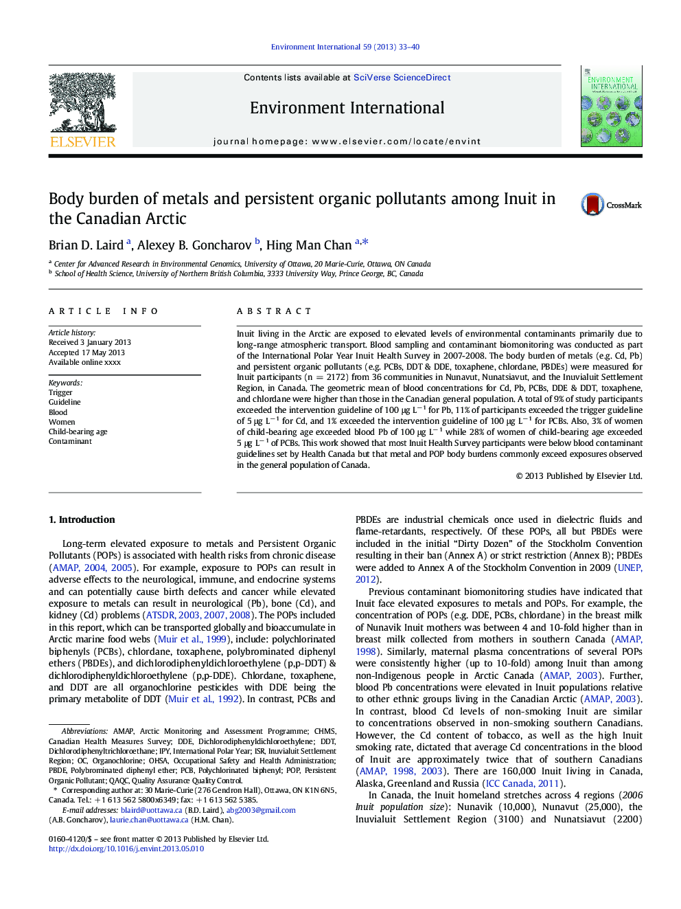 Body burden of metals and persistent organic pollutants among Inuit in the Canadian Arctic