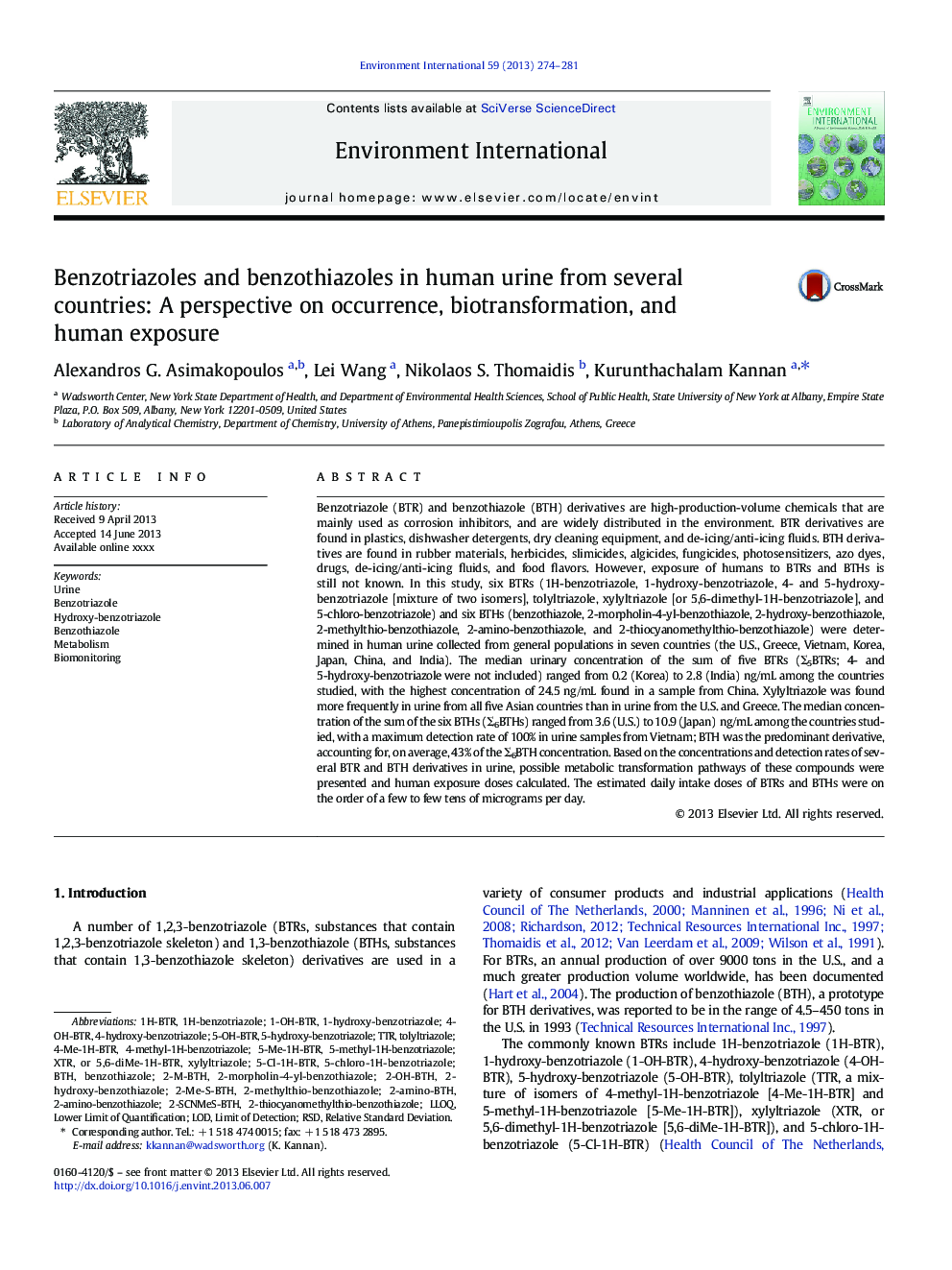 Benzotriazoles and benzothiazoles in human urine from several countries: A perspective on occurrence, biotransformation, and human exposure