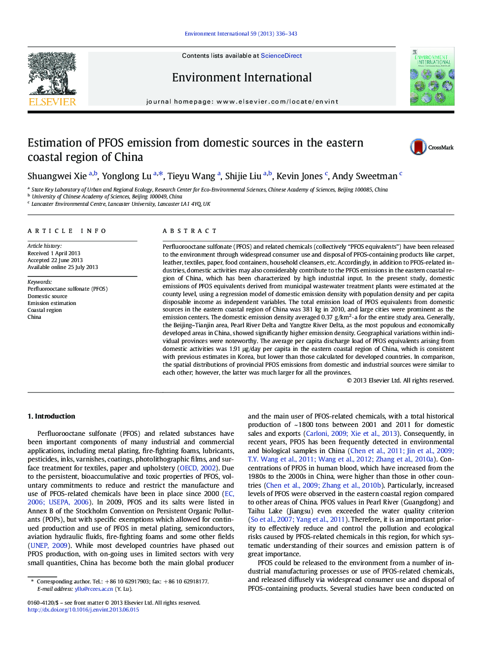 Estimation of PFOS emission from domestic sources in the eastern coastal region of China