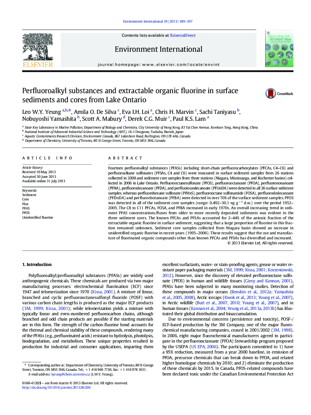 Perfluoroalkyl substances and extractable organic fluorine in surface sediments and cores from Lake Ontario