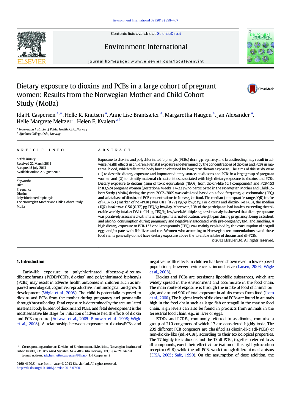 Dietary exposure to dioxins and PCBs in a large cohort of pregnant women: Results from the Norwegian Mother and Child Cohort Study (MoBa)