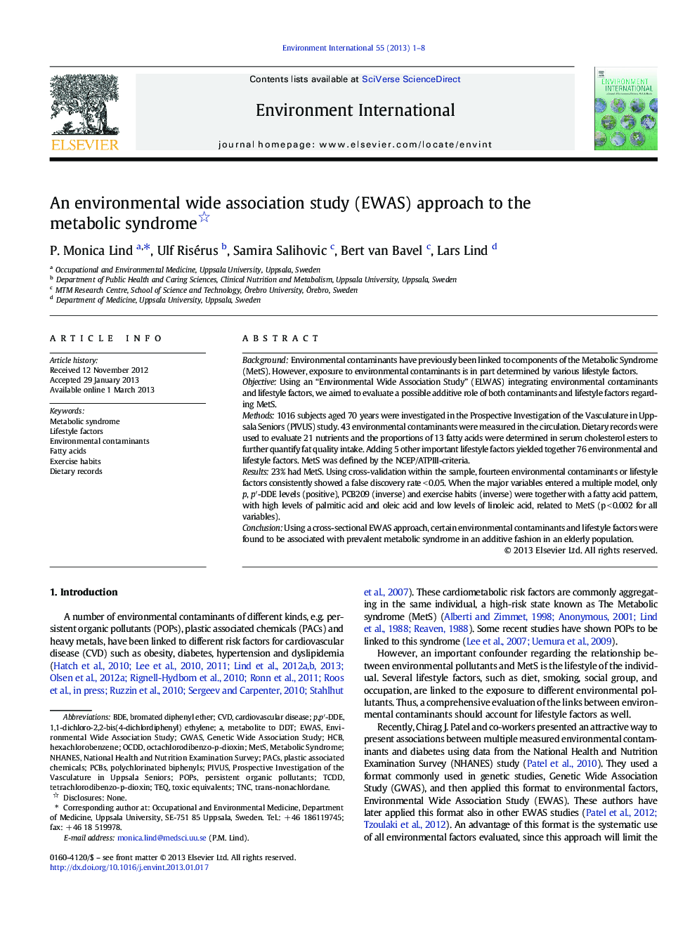 An environmental wide association study (EWAS) approach to the metabolic syndrome