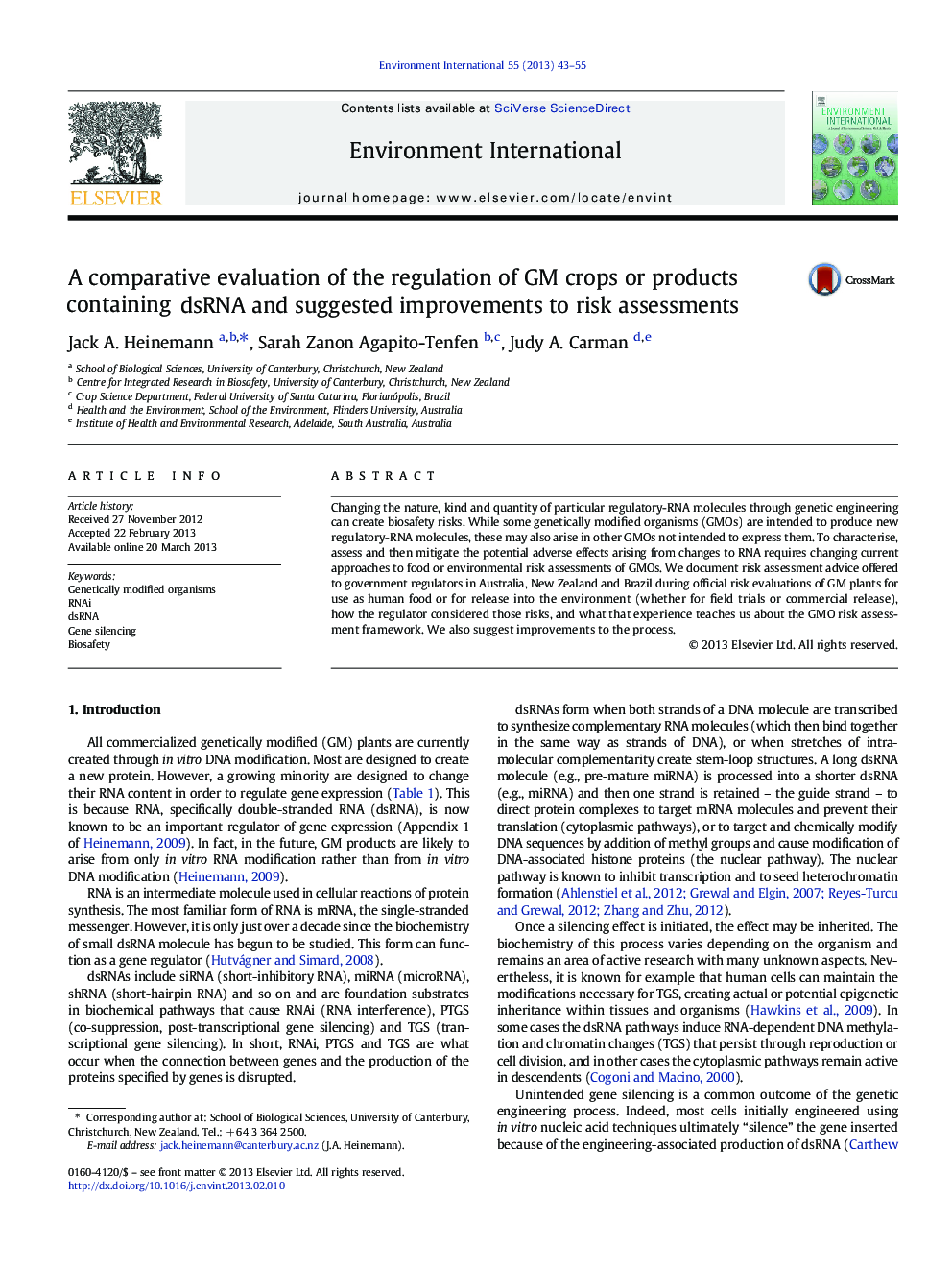 A comparative evaluation of the regulation of GM crops or products containing dsRNA and suggested improvements to risk assessments