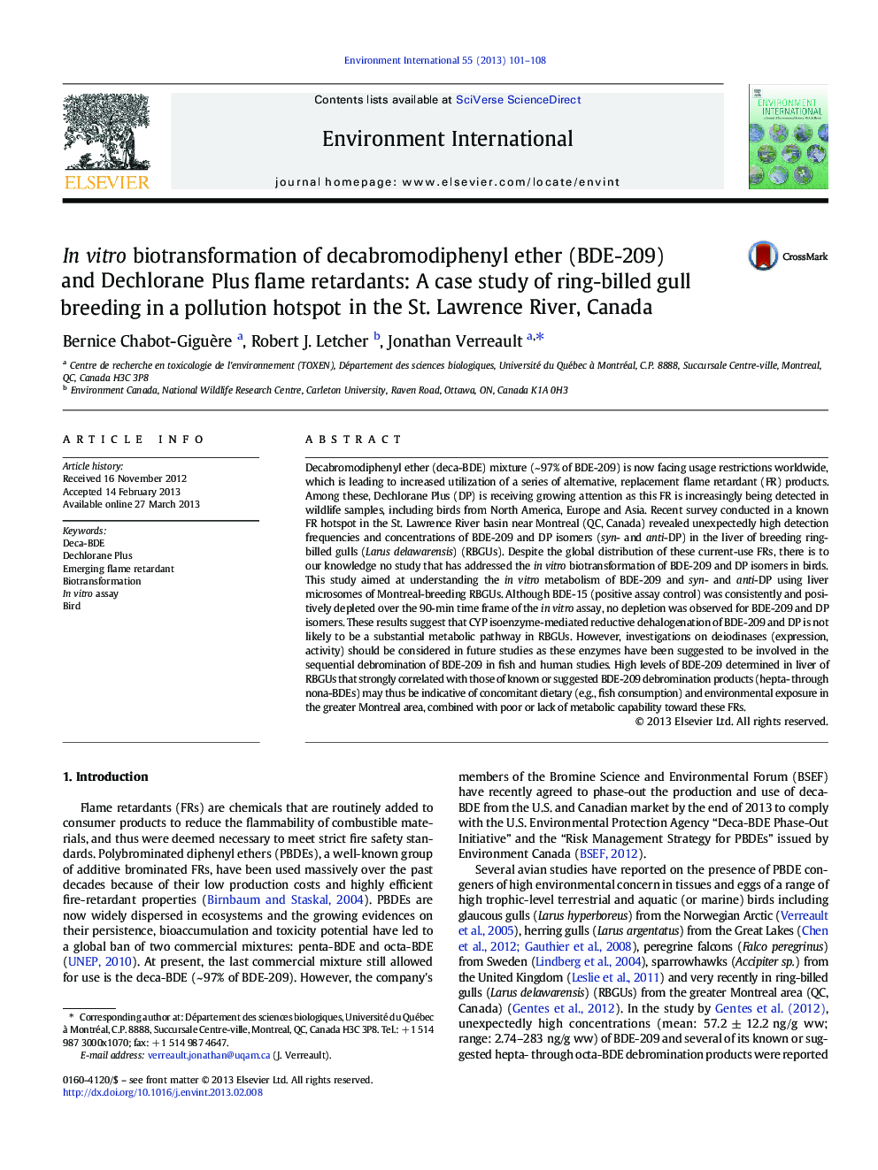 In vitro biotransformation of decabromodiphenyl ether (BDE-209) and Dechlorane Plus flame retardants: A case study of ring-billed gull breeding in a pollution hotspot in the St. Lawrence River, Canada