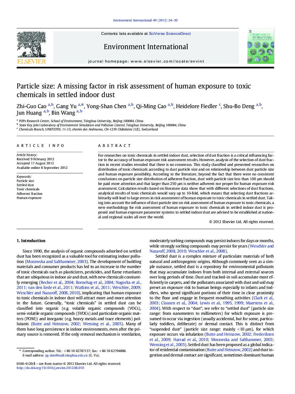 Particle size: A missing factor in risk assessment of human exposure to toxic chemicals in settled indoor dust