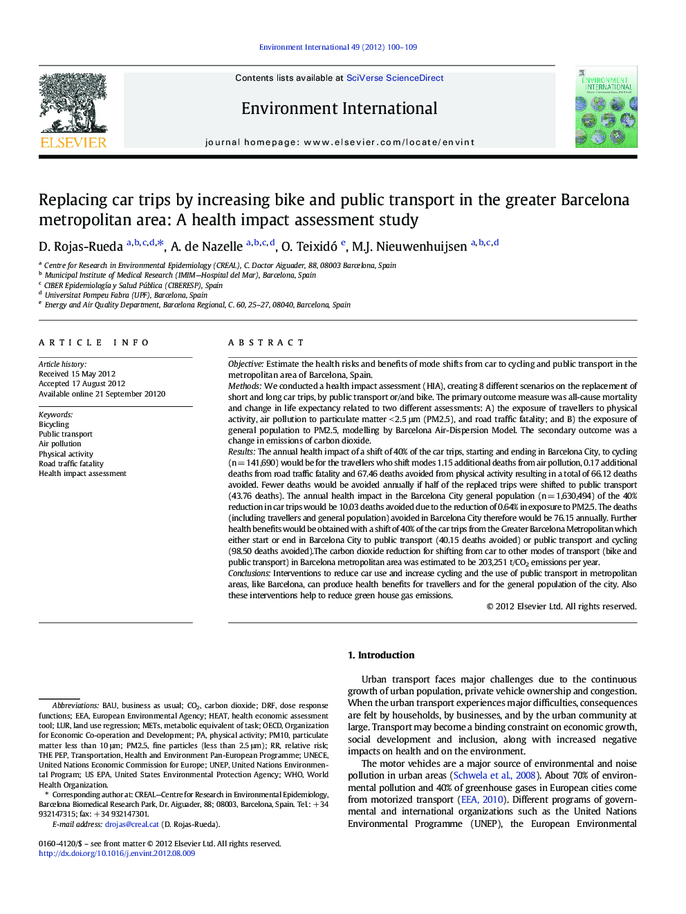 Replacing car trips by increasing bike and public transport in the greater Barcelona metropolitan area: A health impact assessment study