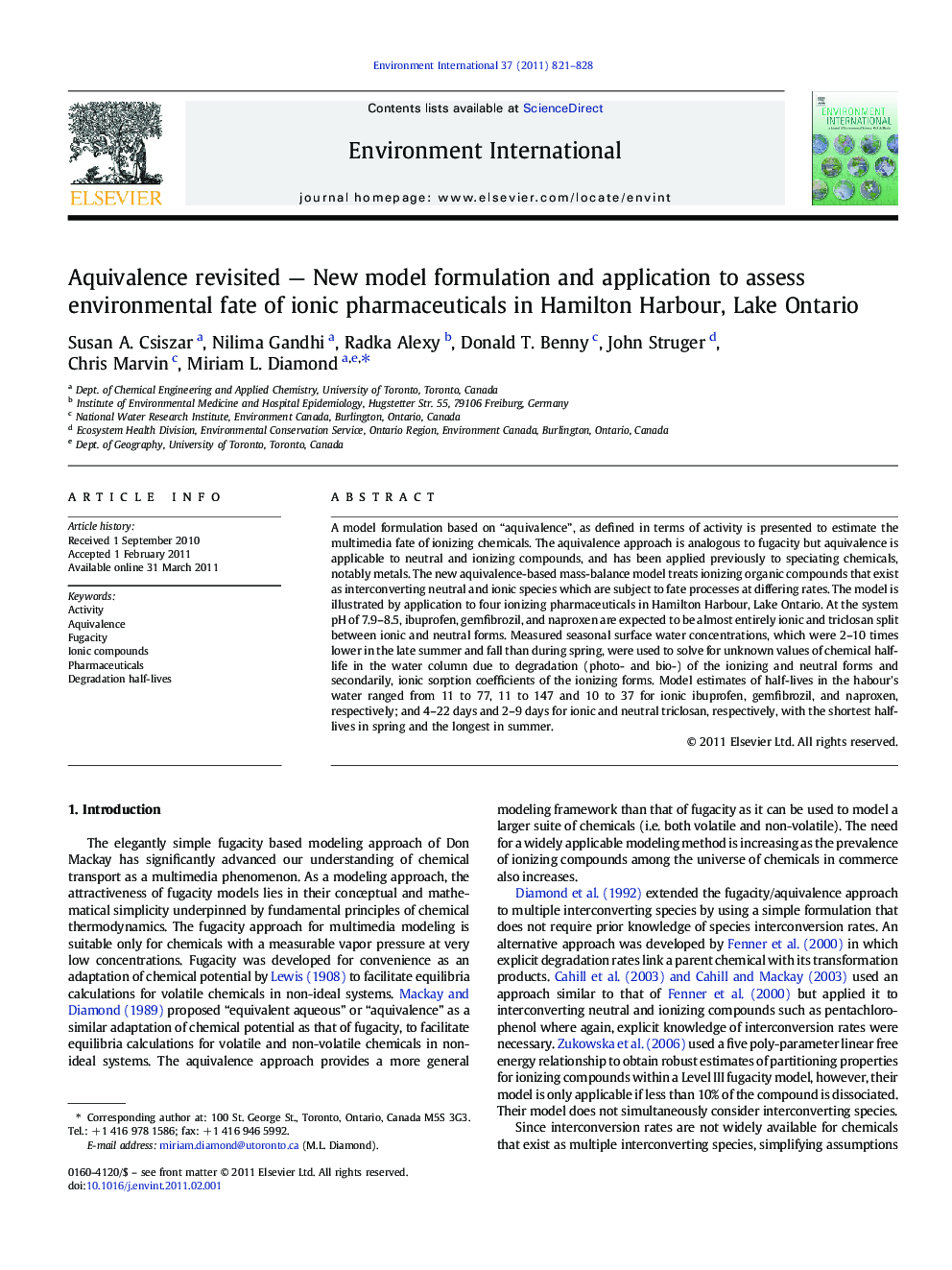 Aquivalence revisited - New model formulation and application to assess environmental fate of ionic pharmaceuticals in Hamilton Harbour, Lake Ontario