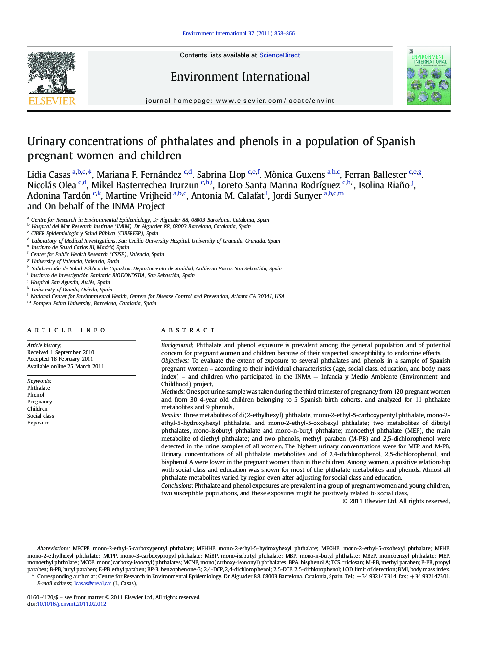 Urinary concentrations of phthalates and phenols in a population of Spanish pregnant women and children