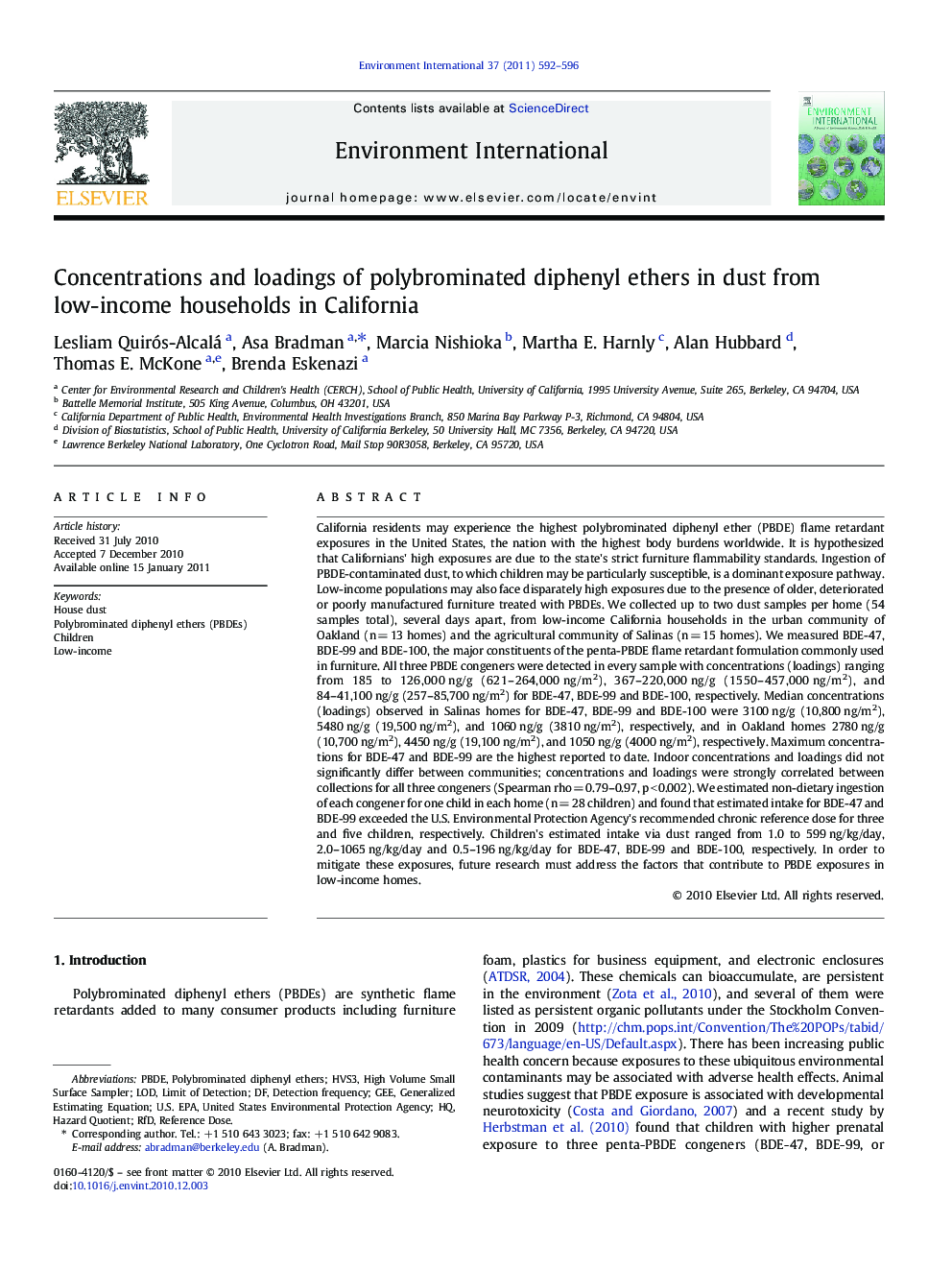 Concentrations and loadings of polybrominated diphenyl ethers in dust from low-income households in California