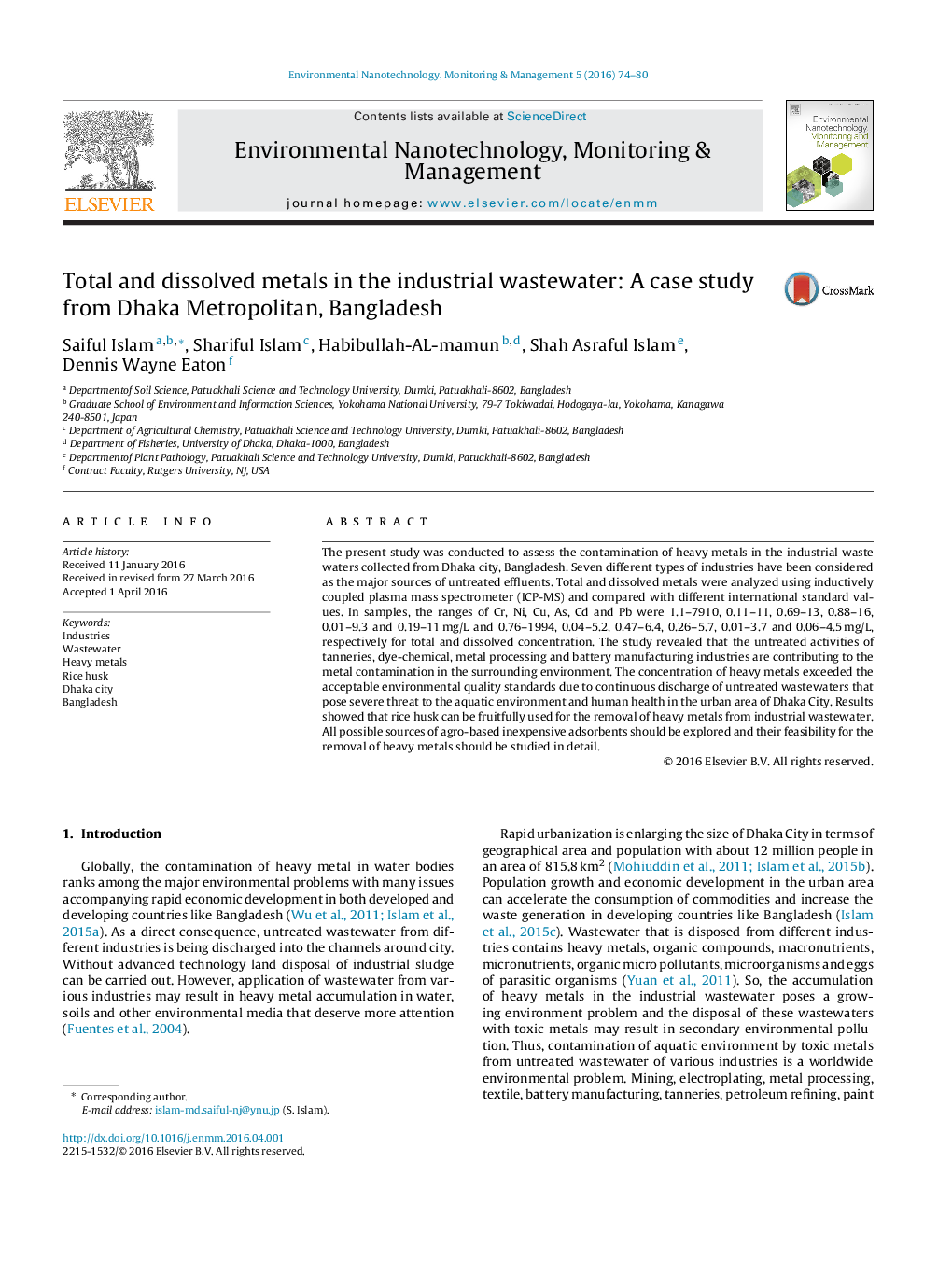 Total and dissolved metals in the industrial wastewater: A case study from Dhaka Metropolitan, Bangladesh