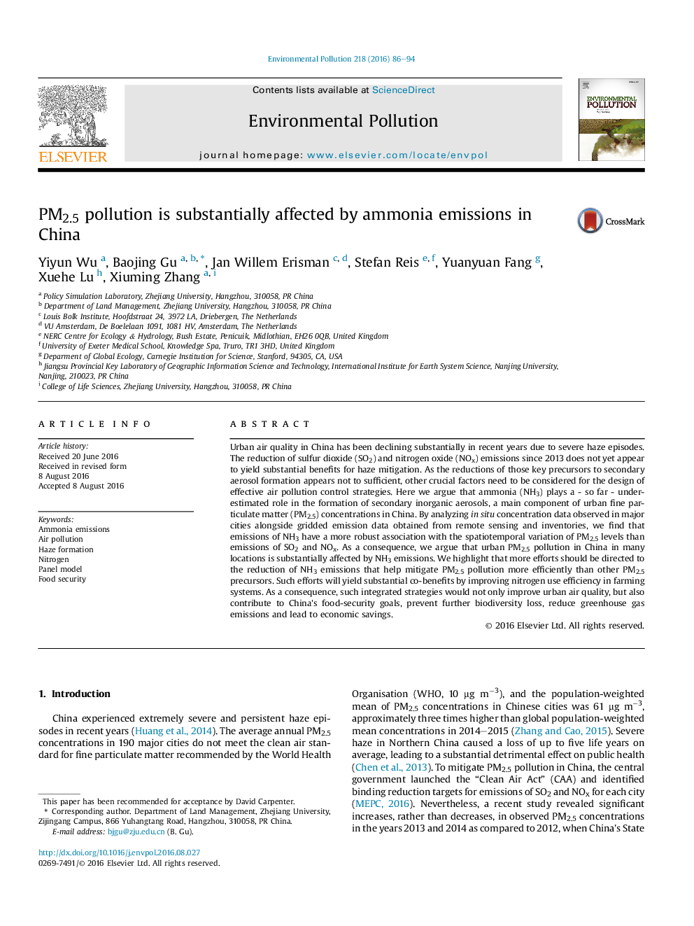 PM2.5 pollution is substantially affected by ammonia emissions in China