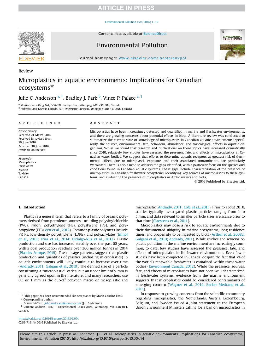 عکس صفحه اول مقاله: Microplastics in aquatic environments: Implications for Canadian ecosystems Microplastics in aquatic environments: Implications for Canadian ecosystems