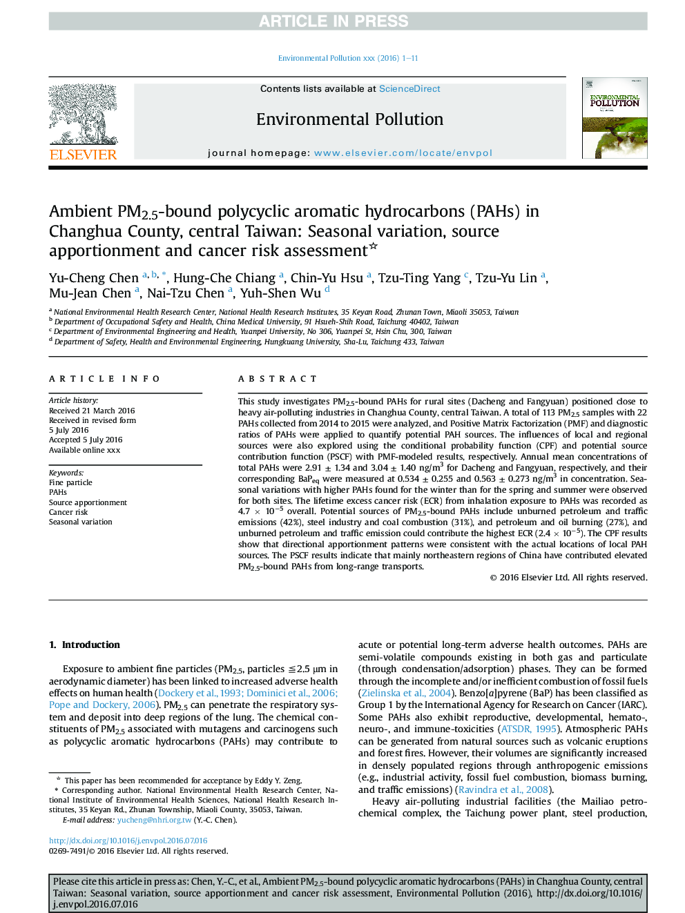 عکس صفحه اول مقاله: Ambient PM2.5-bound polycyclic aromatic hydrocarbons (PAHs) in Changhua County, central Taiwan: Seasonal variation, source apportionment and cancer risk assessment Ambient PM2.5-bound polycyclic aromatic hydrocarbons (PAHs) in Changhua County, central Taiwan: Seasonal variation, source apportionment and cancer risk assessment