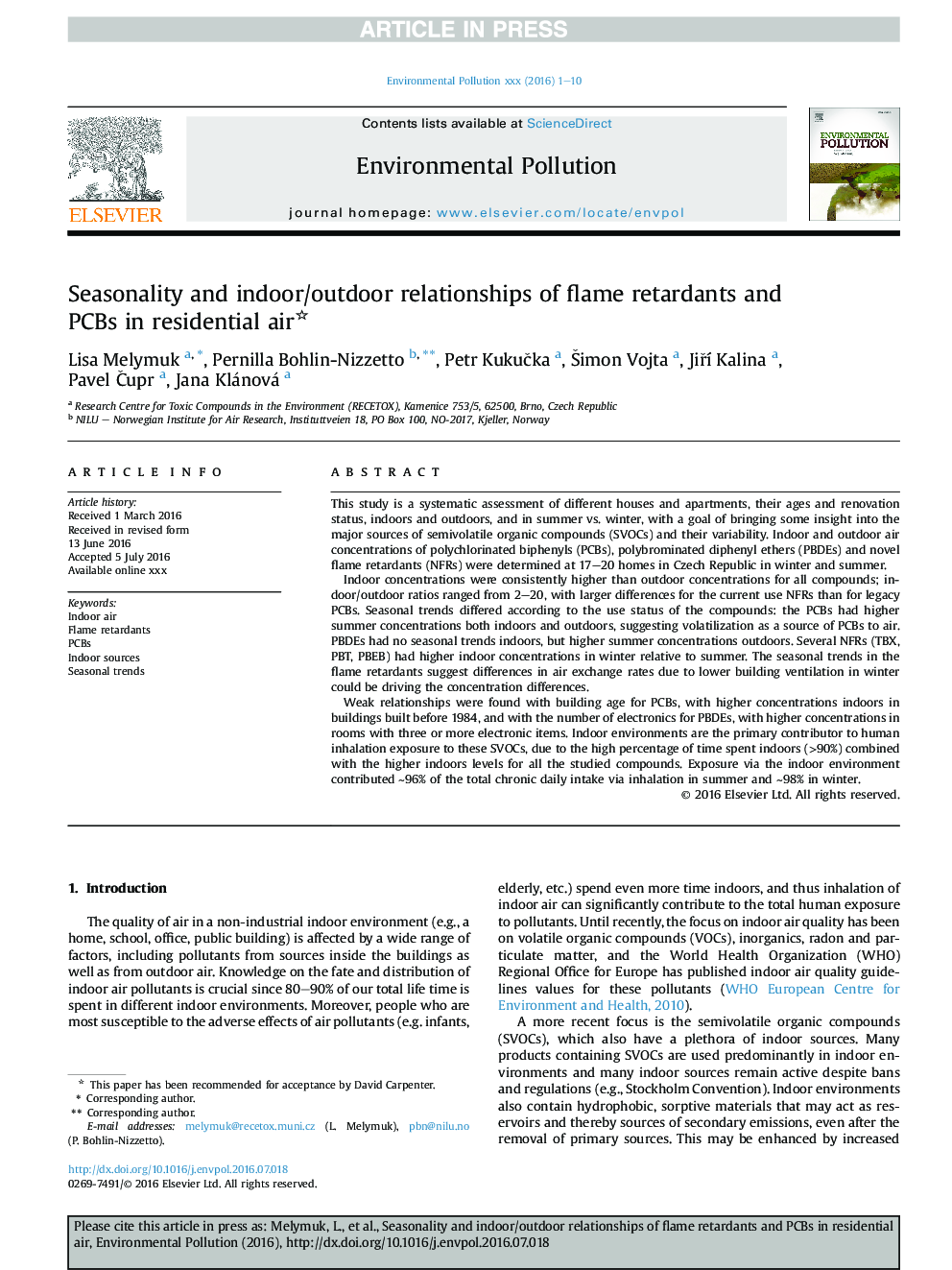 Seasonality and indoor/outdoor relationships of flame retardants and PCBs in residential air