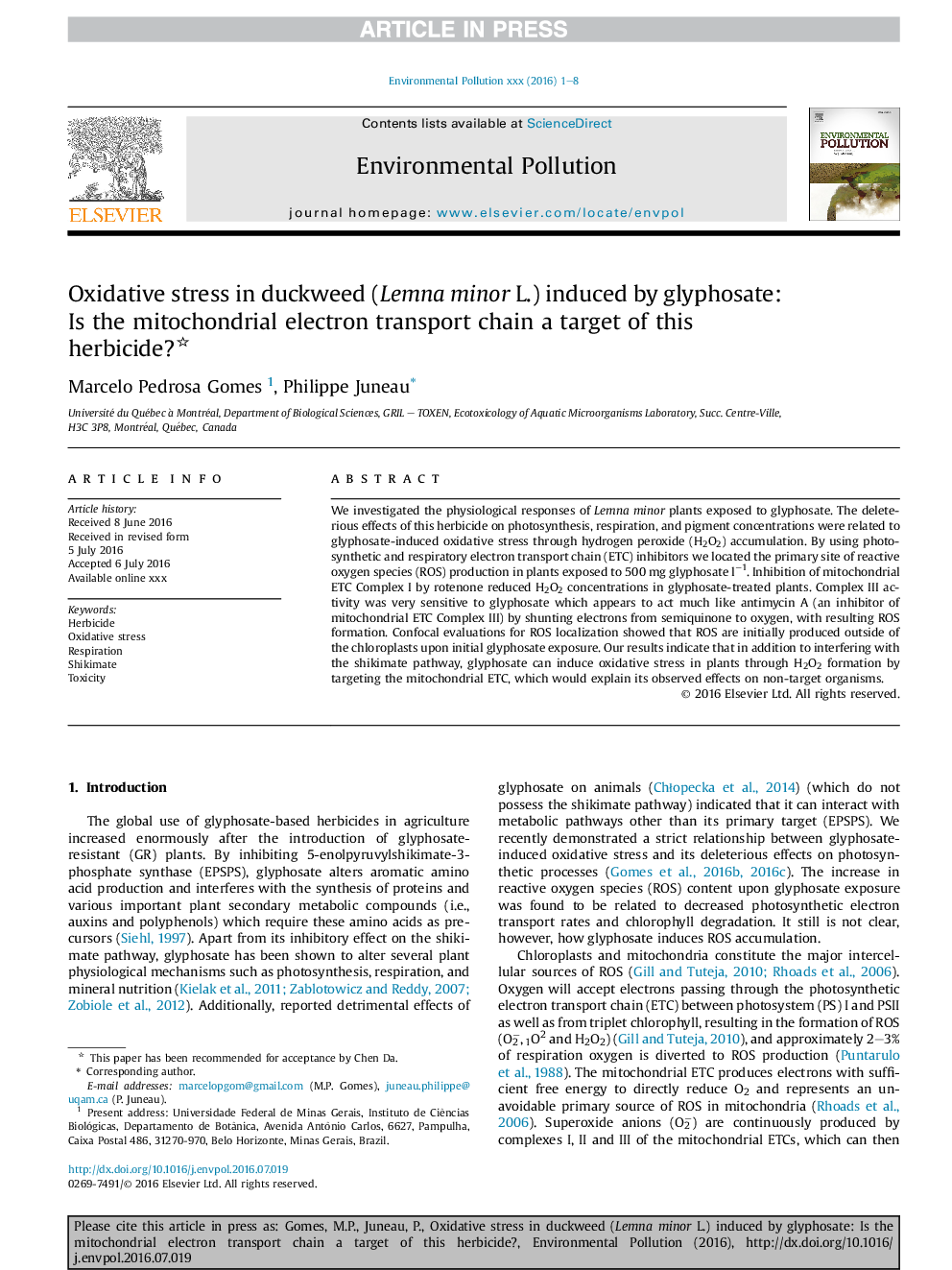 Oxidative stress in duckweed (Lemna minor L.) induced by glyphosate: Is the mitochondrial electron transport chain a target of this herbicide?