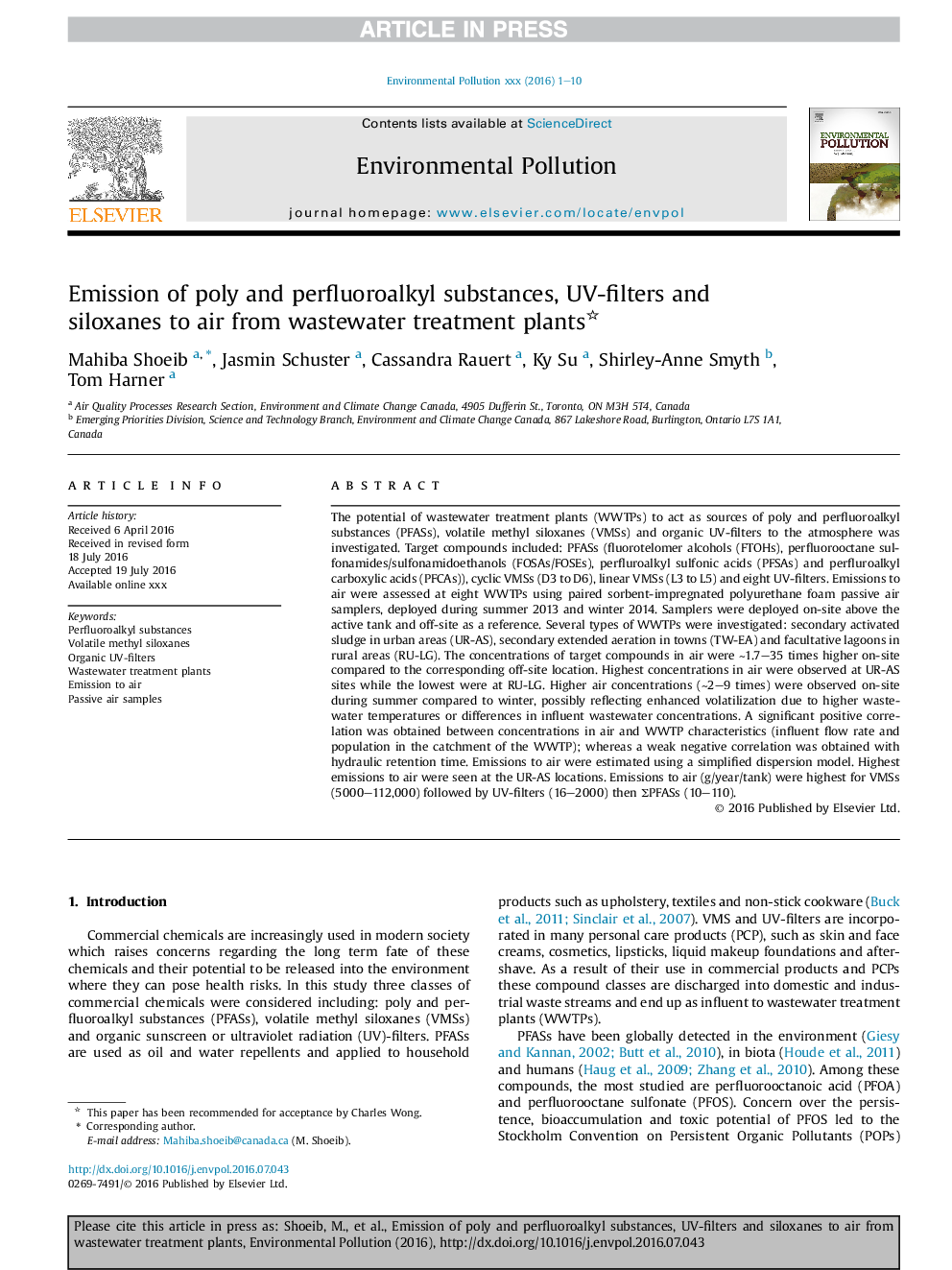 Emission of poly and perfluoroalkyl substances, UV-filters and siloxanes to air from wastewater treatment plants