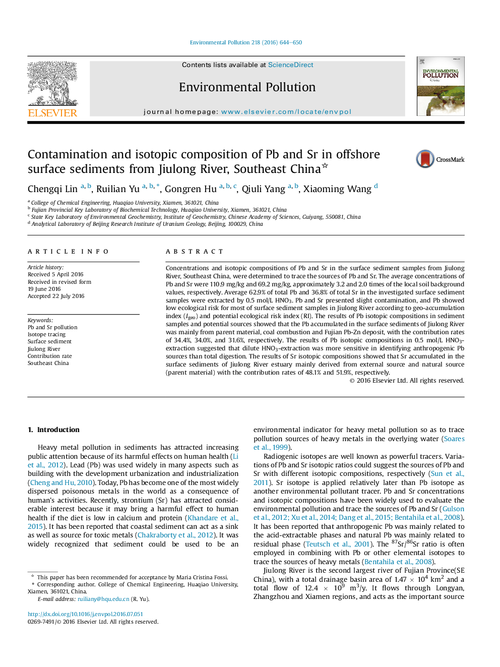 Contamination and isotopic composition of Pb and Sr in offshore surface sediments from Jiulong River, Southeast China