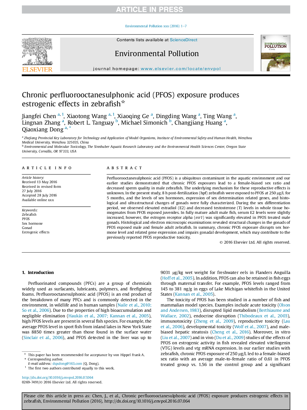 Chronic perfluorooctanesulphonic acid (PFOS) exposure produces estrogenic effects in zebrafish