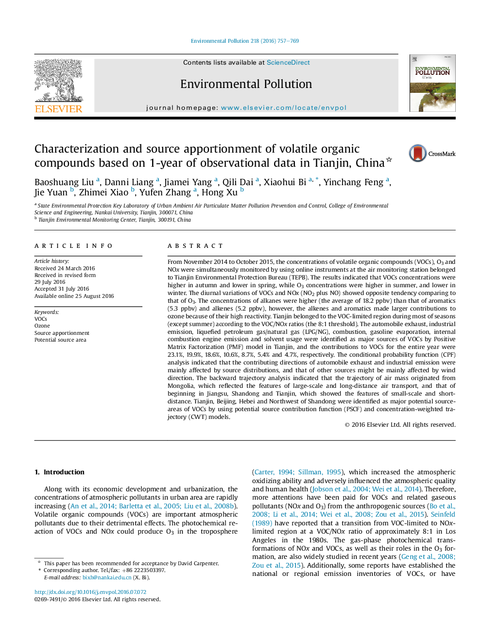 Characterization and source apportionment of volatile organic compounds based on 1-year of observational data in Tianjin, China