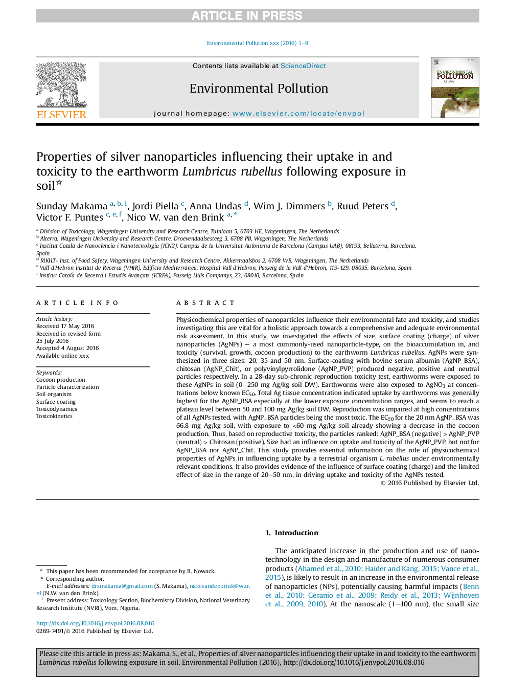 Properties of silver nanoparticles influencing their uptake in and toxicity to the earthworm Lumbricus rubellus following exposure in soil