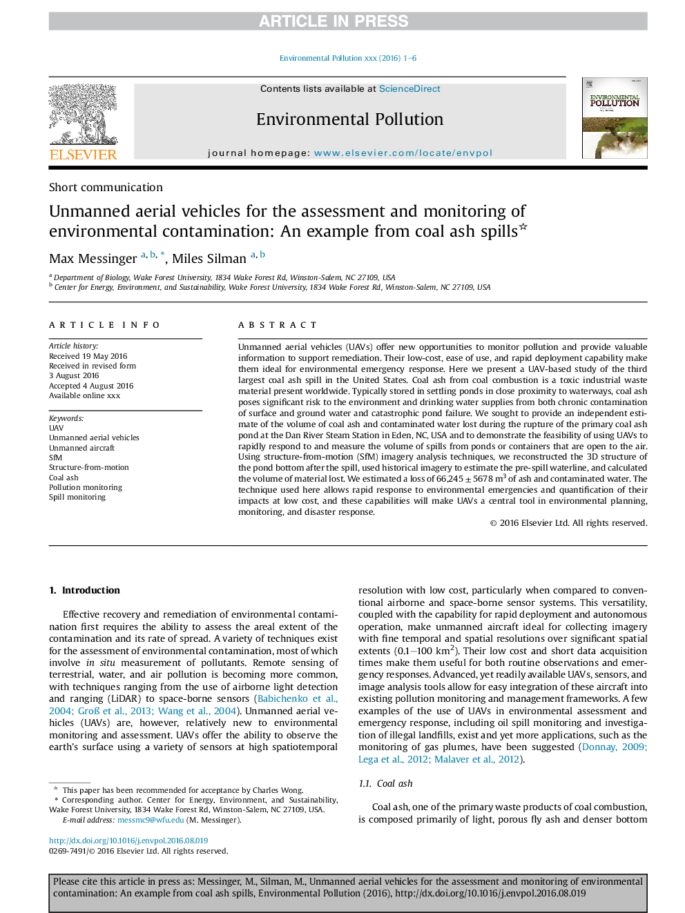 Unmanned aerial vehicles for the assessment and monitoring of environmental contamination: An example from coal ash spills