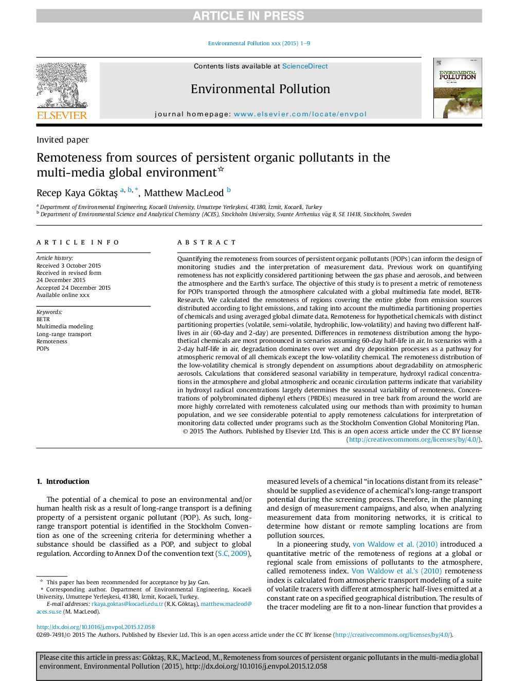 Remoteness from sources of persistent organic pollutants in the multi-media global environment