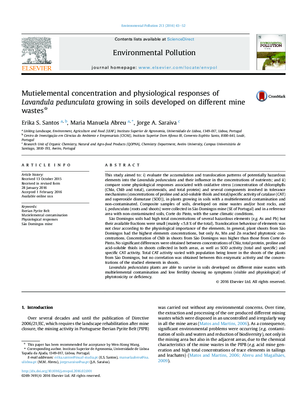 Mutielemental concentration and physiological responses of Lavandula pedunculata growing in soils developed on different mine wastes