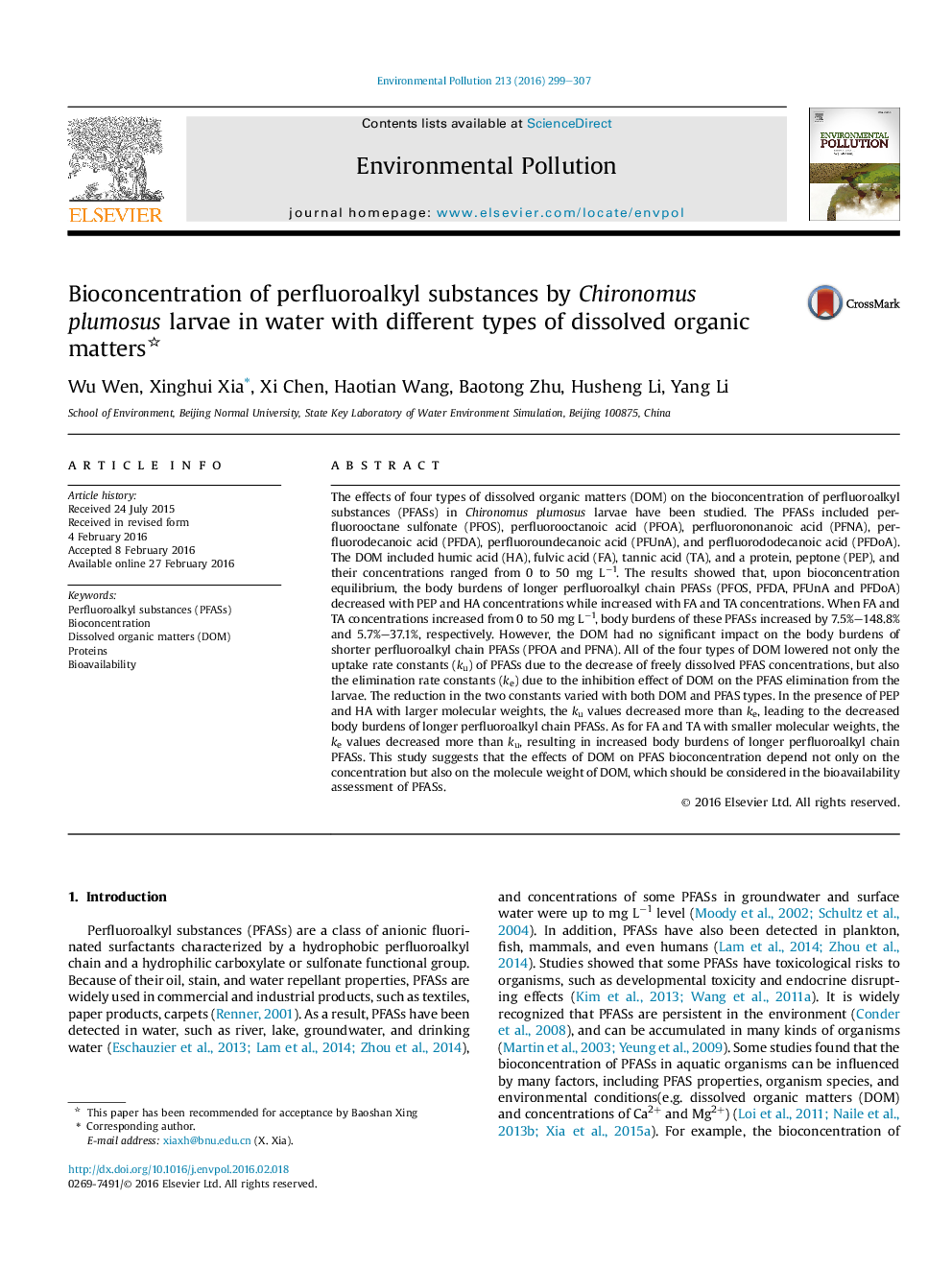 Bioconcentration of perfluoroalkyl substances by Chironomus plumosus larvae in water with different types of dissolved organic matters