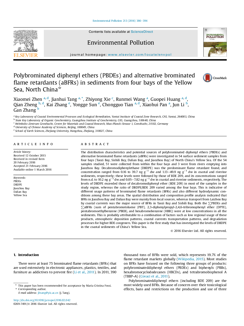 Polybrominated diphenyl ethers (PBDEs) and alternative brominated flame retardants (aBFRs) in sediments from four bays of the Yellow Sea, North China