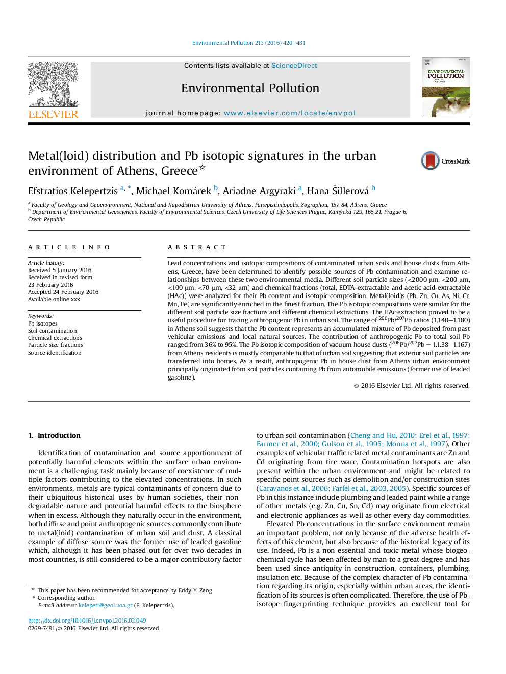 Metal(loid) distribution and Pb isotopic signatures in the urban environment of Athens, Greece