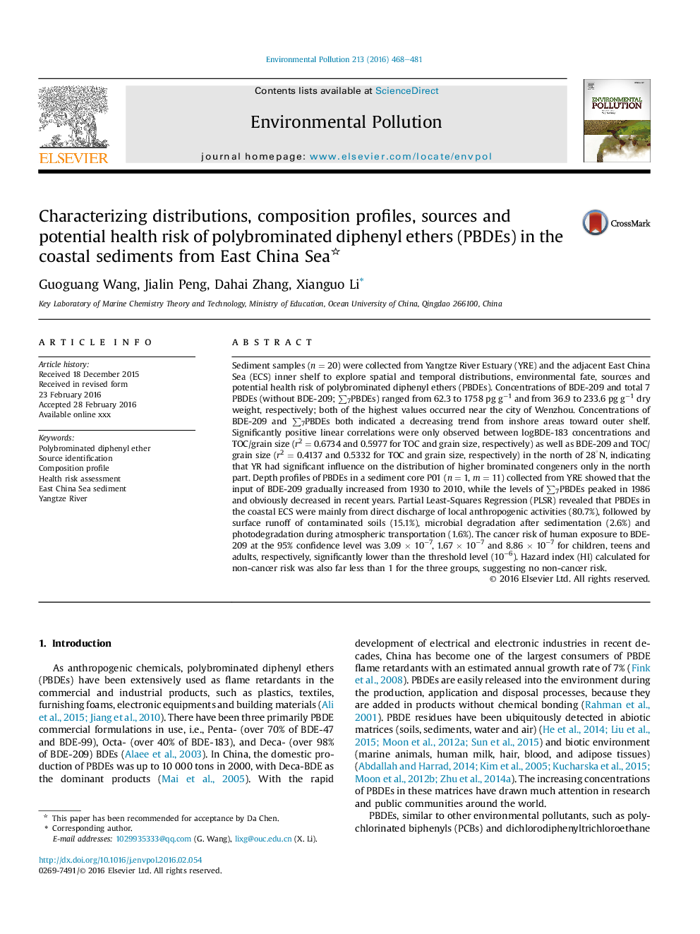 Characterizing distributions, composition profiles, sources and potential health risk of polybrominated diphenyl ethers (PBDEs) in the coastal sediments from East China Sea