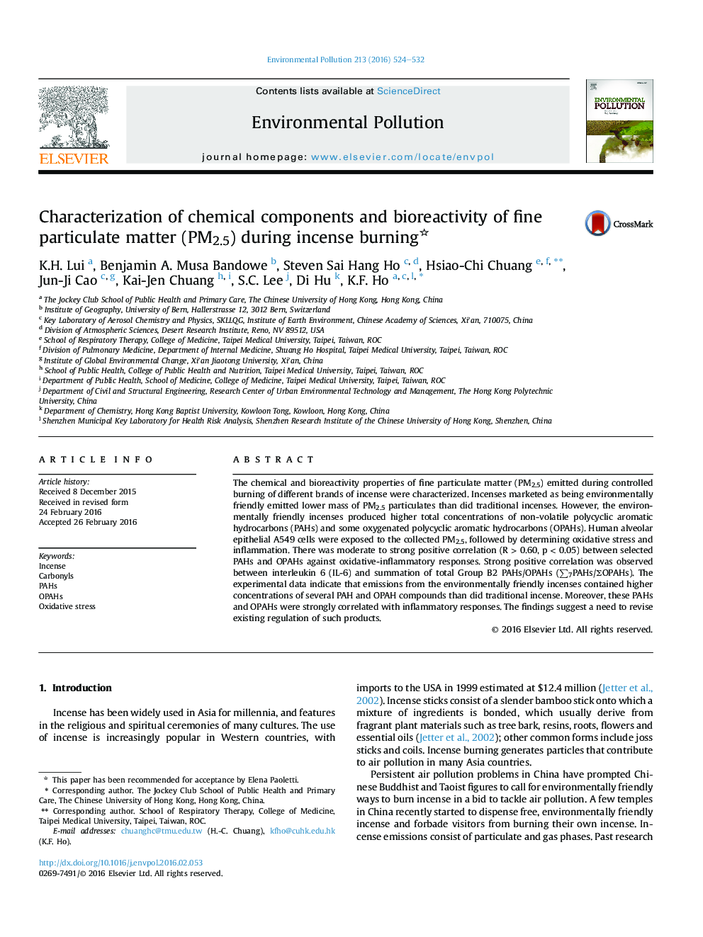 Characterization of chemical components and bioreactivity of fine particulate matter (PM2.5) during incense burning