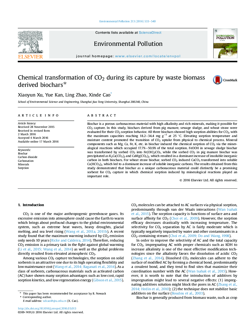 Chemical transformation of CO2 during its capture by waste biomass derived biochars