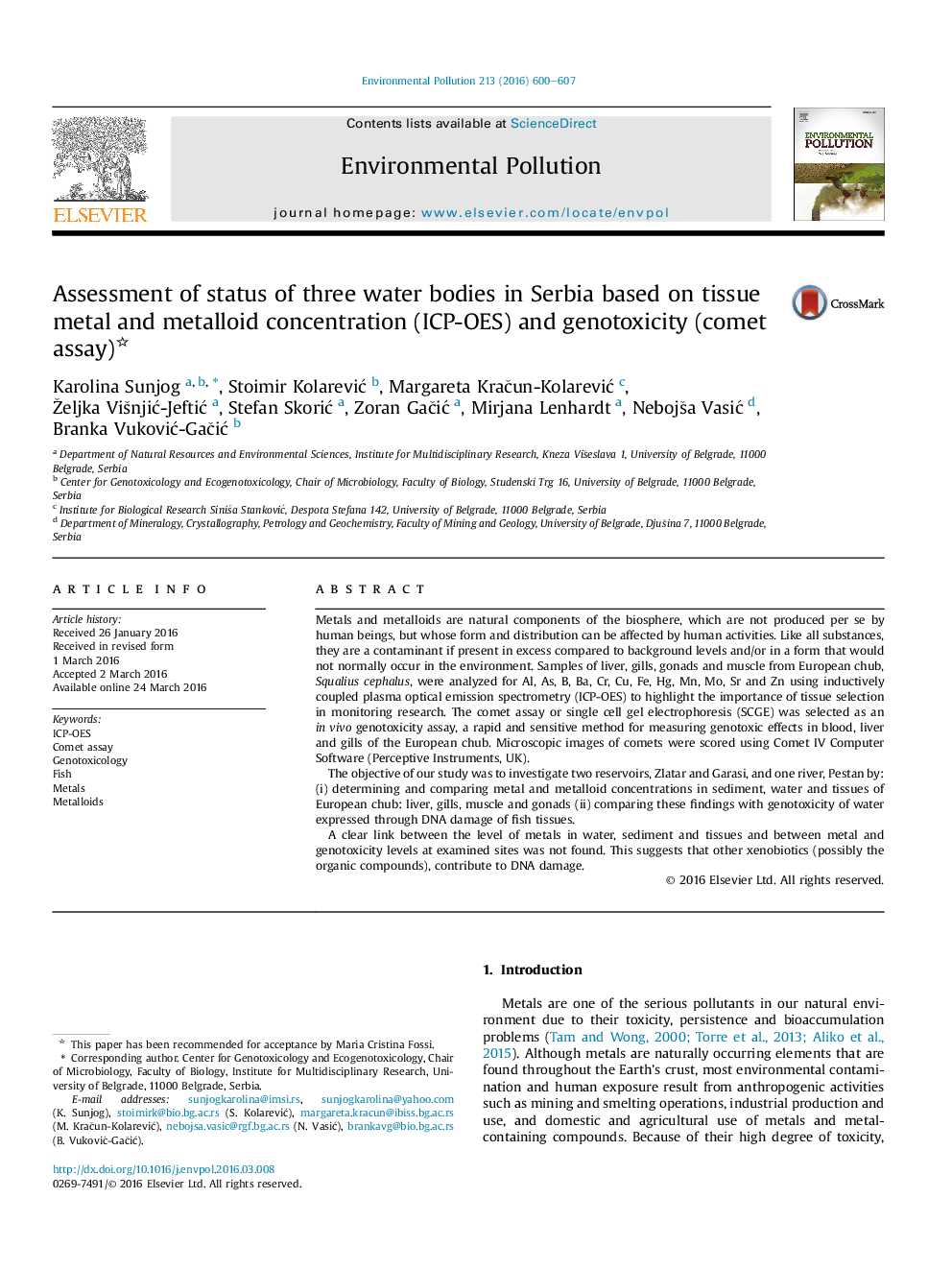 Assessment of status of three water bodies in Serbia based on tissue metal and metalloid concentration (ICP-OES) and genotoxicity (comet assay)