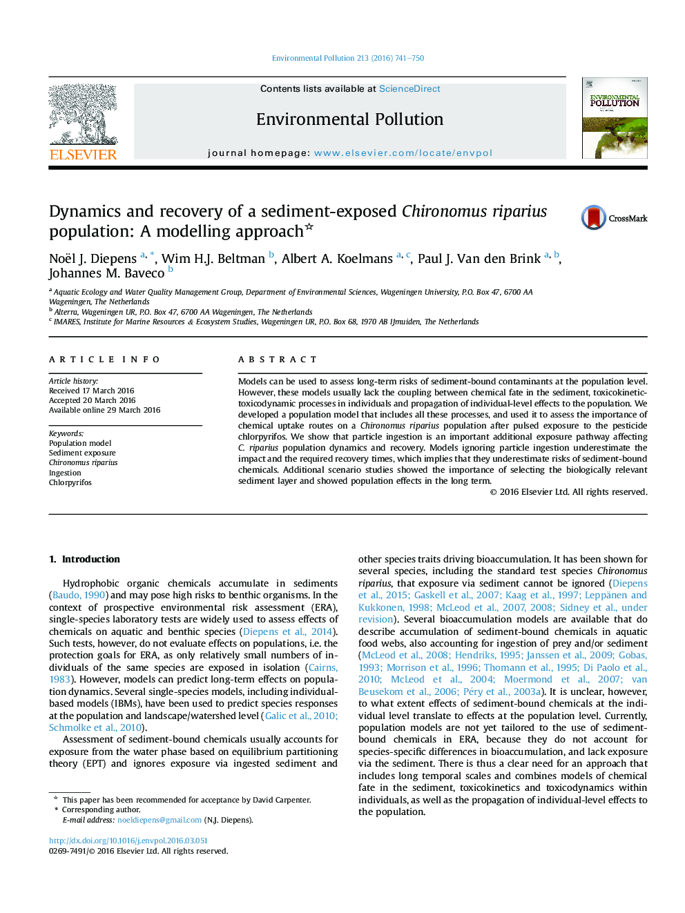 Dynamics and recovery of a sediment-exposed Chironomus riparius population: A modelling approach