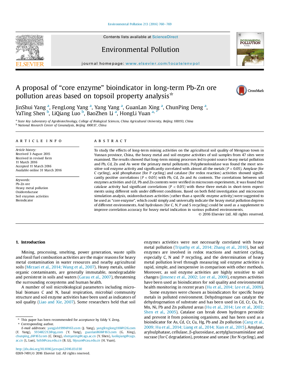 A proposal of “core enzyme” bioindicator in long-term Pb-Zn ore pollution areas based on topsoil property analysis