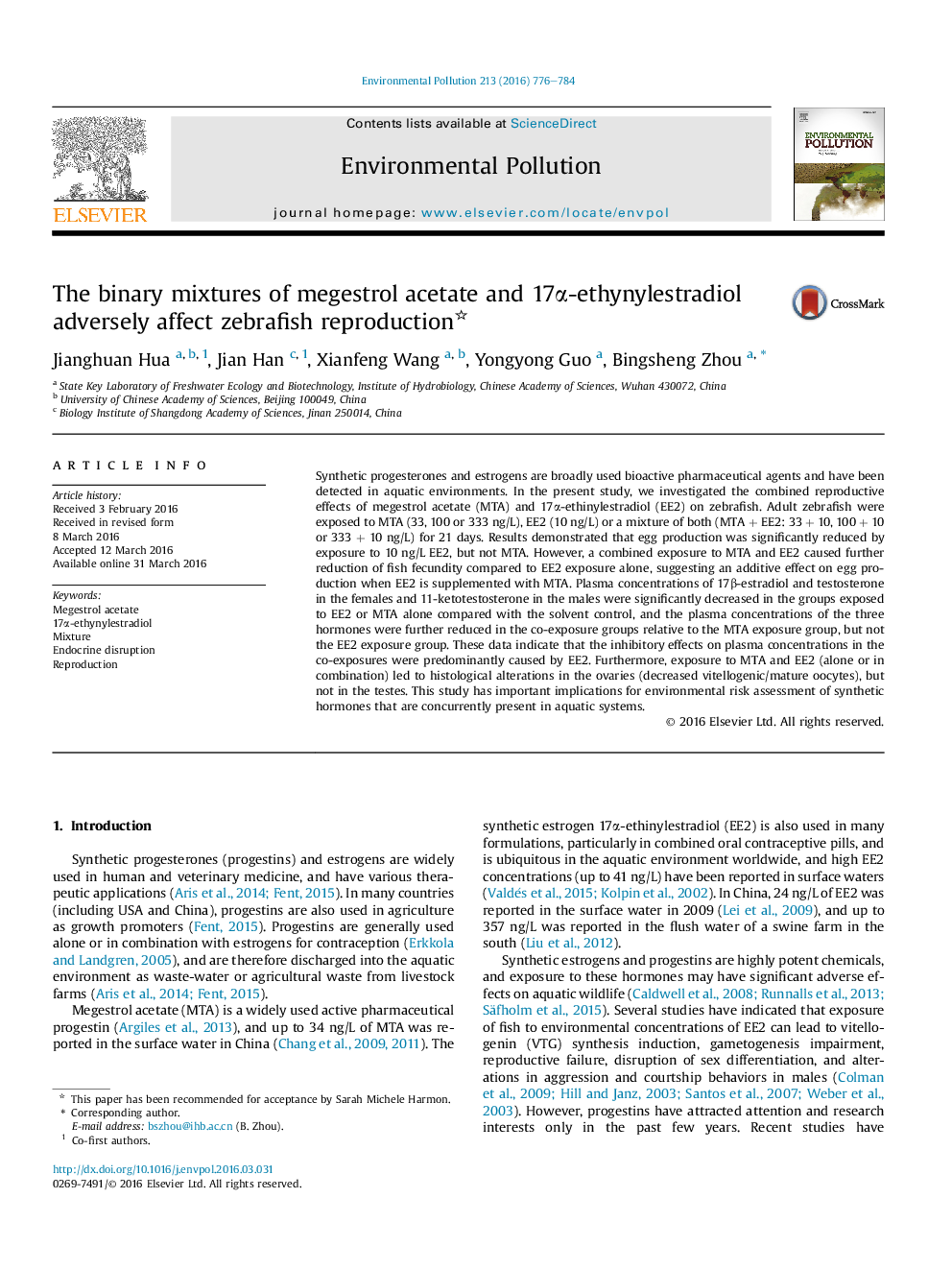 The binary mixtures of megestrol acetate and 17Î±-ethynylestradiol adversely affect zebrafish reproduction