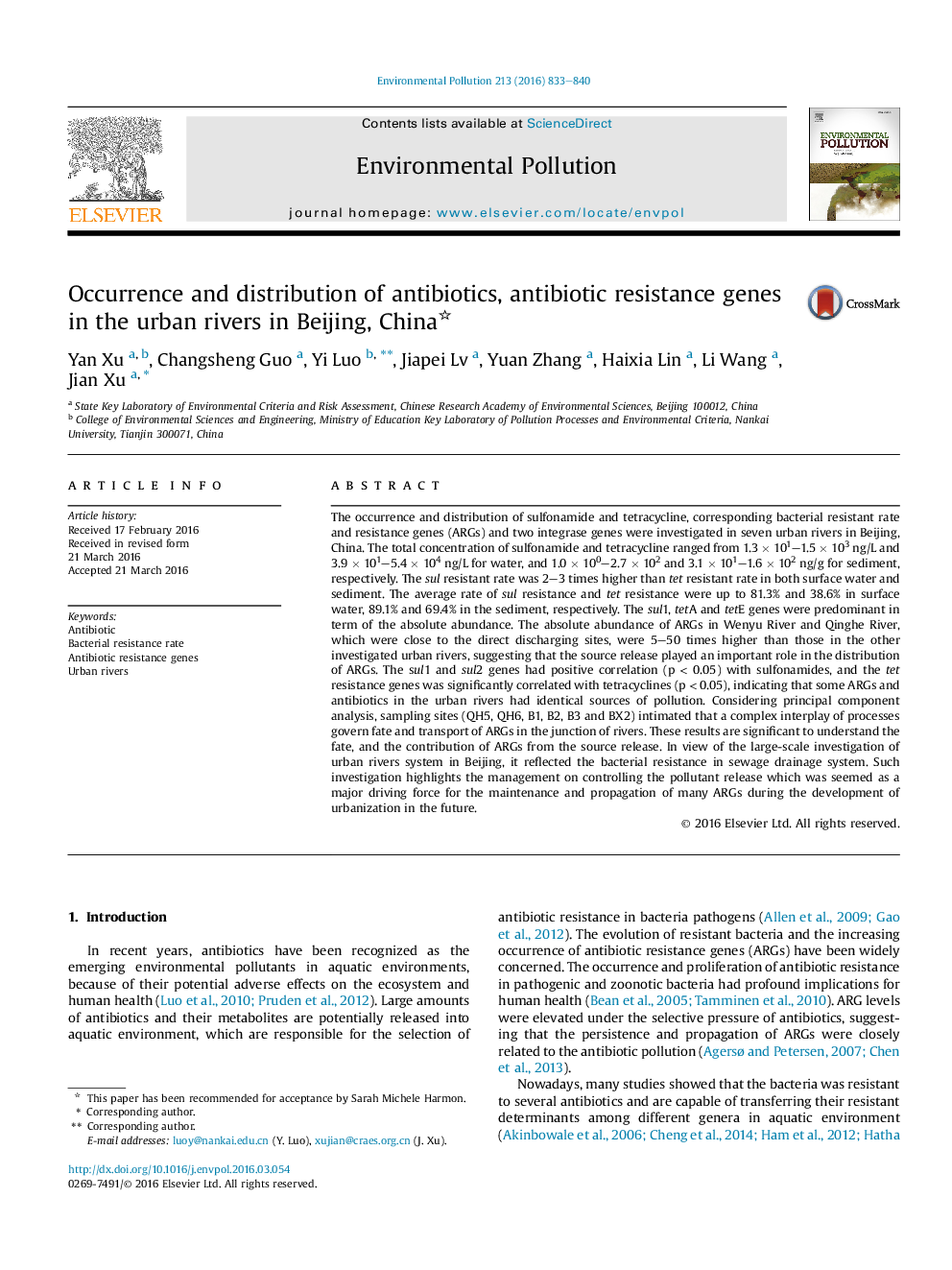 Occurrence and distribution of antibiotics, antibiotic resistance genes in the urban rivers in Beijing, China