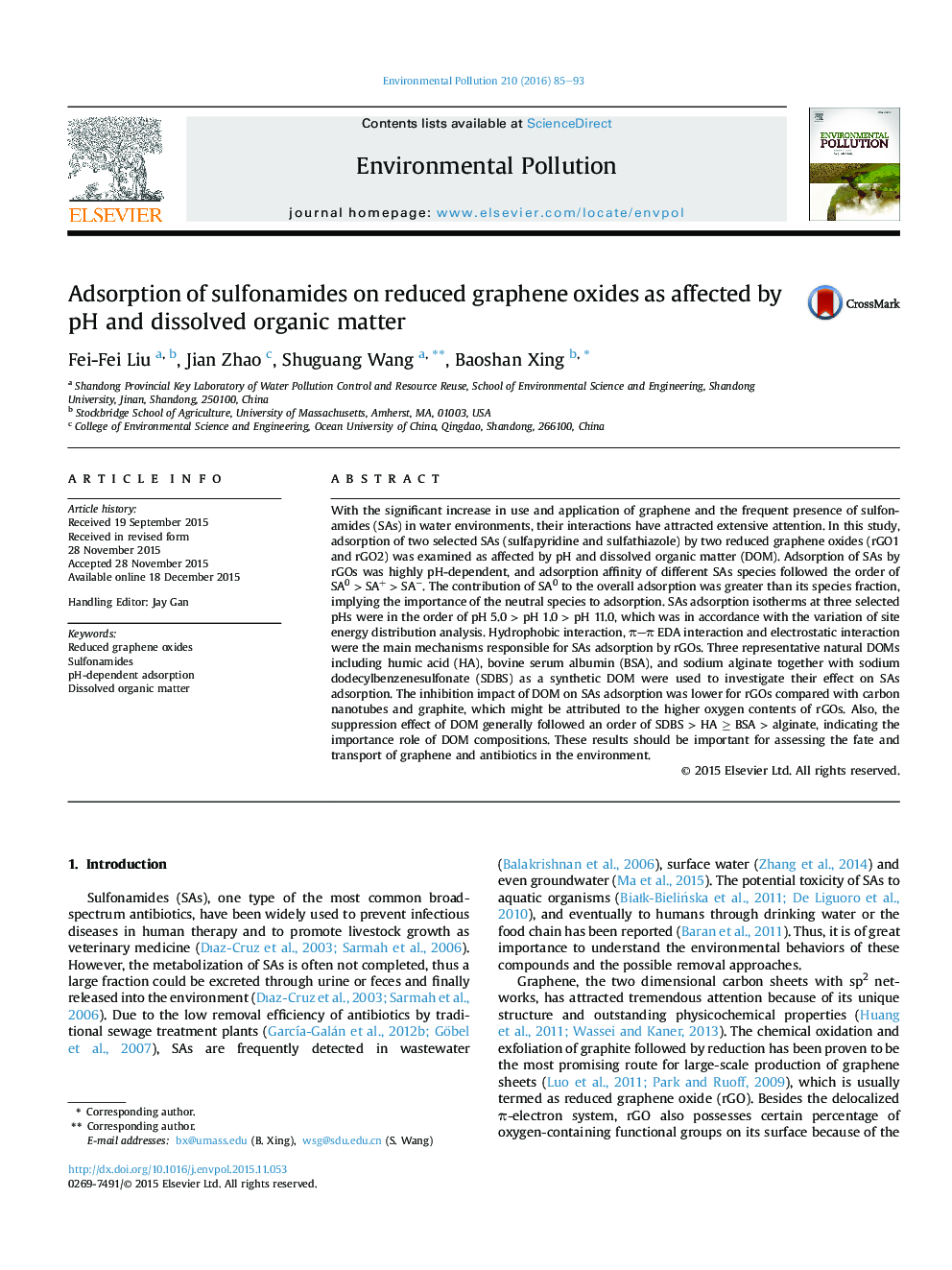 Adsorption of sulfonamides on reduced graphene oxides as affected by pH and dissolved organic matter