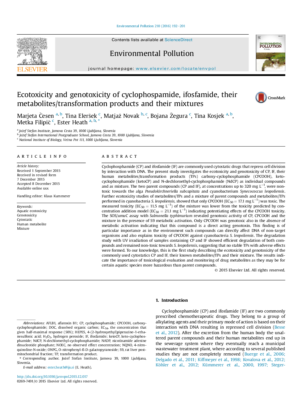 Ecotoxicity and genotoxicity of cyclophosphamide, ifosfamide, their metabolites/transformation products and their mixtures