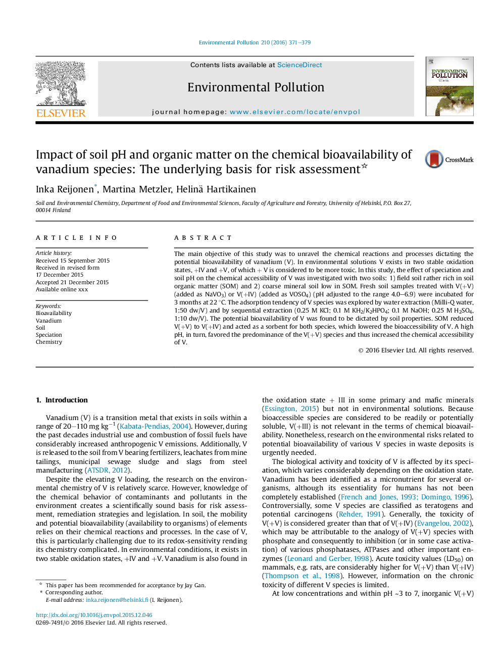 Impact of soil pH and organic matter on the chemical bioavailability of vanadium species: The underlying basis for risk assessment