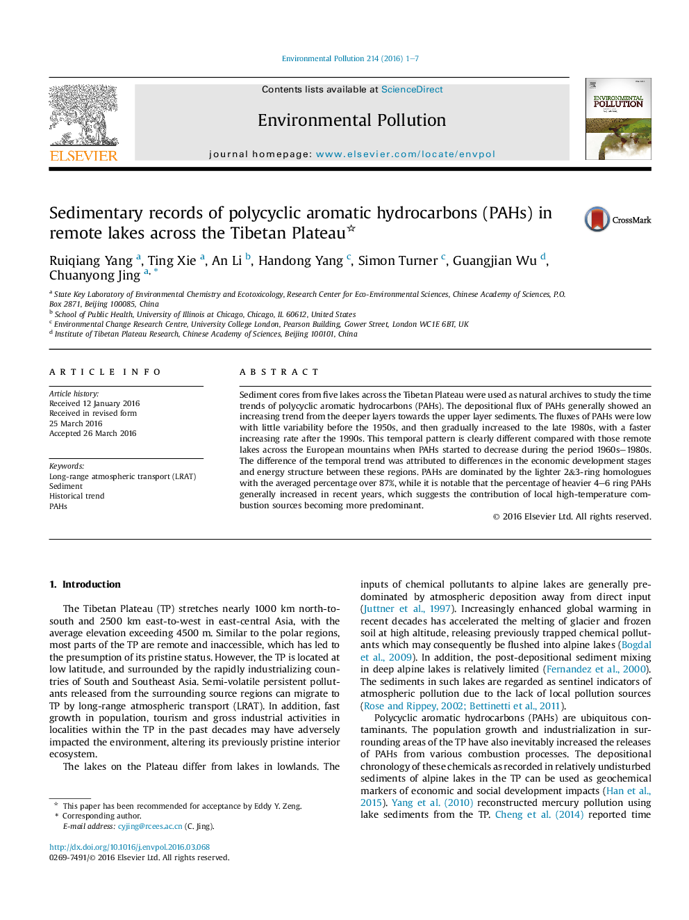 عکس صفحه اول مقاله: Sedimentary records of polycyclic aromatic hydrocarbons (PAHs) in remote lakes across the Tibetan Plateau Sedimentary records of polycyclic aromatic hydrocarbons (PAHs) in remote lakes across the Tibetan Plateau