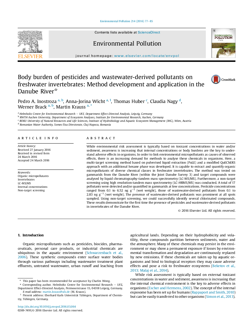 Body burden of pesticides and wastewater-derived pollutants on freshwater invertebrates: Method development and application in the Danube River