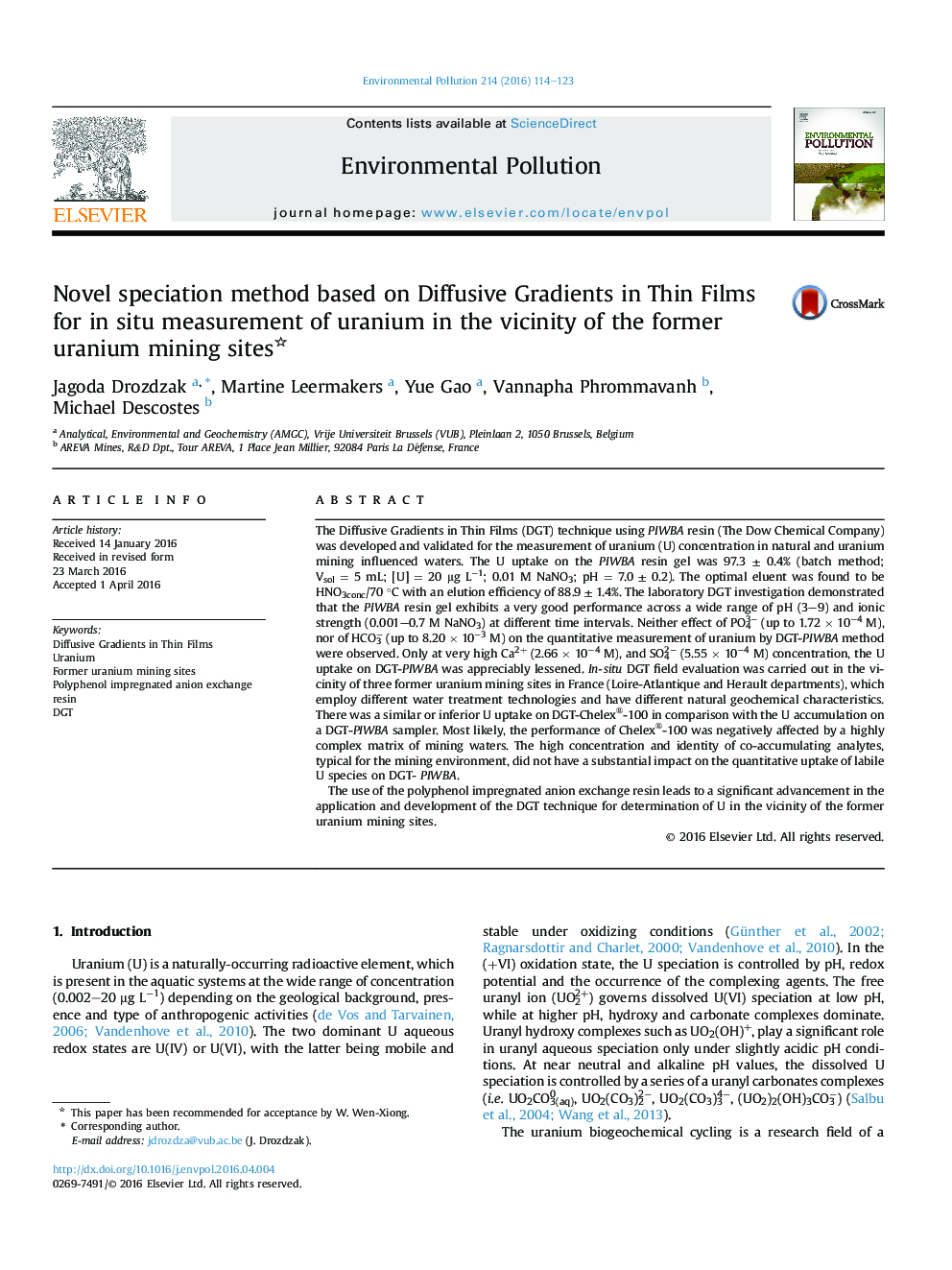 Novel speciation method based on Diffusive Gradients in Thin Films for in situ measurement of uranium in the vicinity of the former uranium mining sites