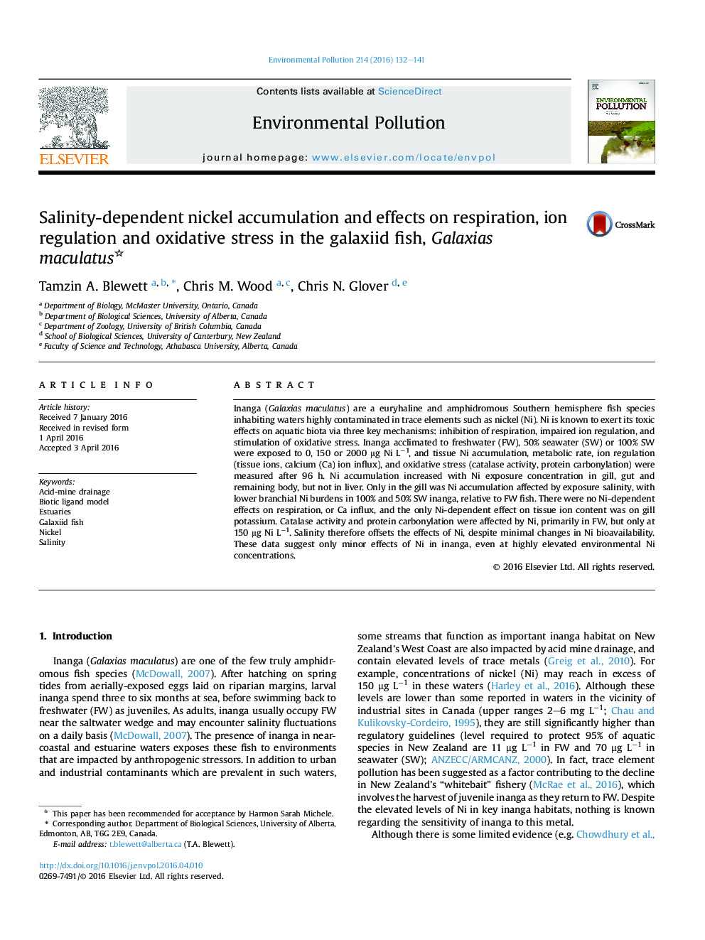 Salinity-dependent nickel accumulation and effects on respiration, ion regulation and oxidative stress in the galaxiid fish, Galaxias maculatus