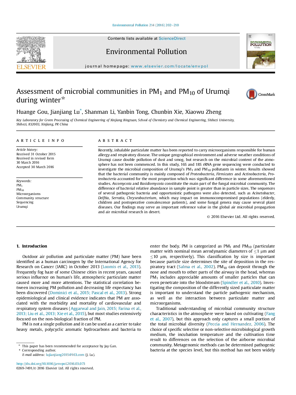 Assessment of microbial communities in PM1 and PM10 of Urumqi during winter