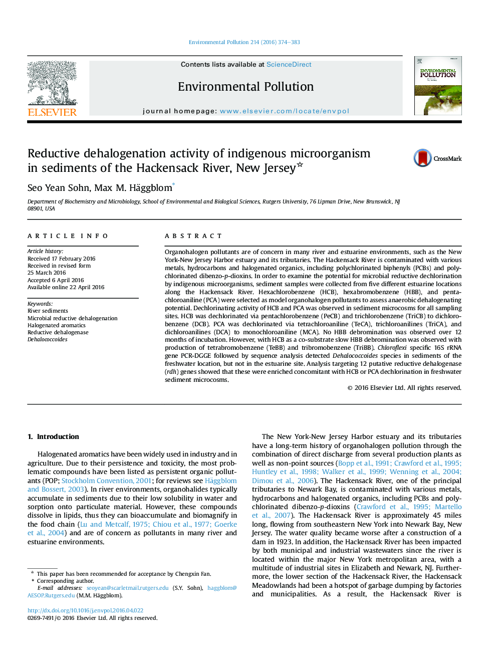 عکس صفحه اول مقاله: Reductive dehalogenation activity of indigenous microorganism in sediments of the Hackensack River, New Jersey Reductive dehalogenation activity of indigenous microorganism in sediments of the Hackensack River, New Jersey