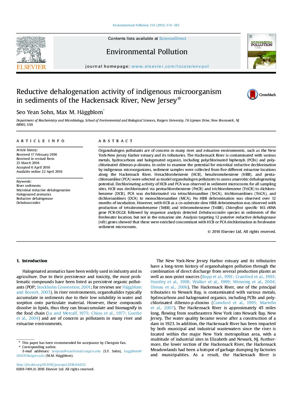 Reductive dehalogenation activity of indigenous microorganism in sediments of the Hackensack River, New Jersey