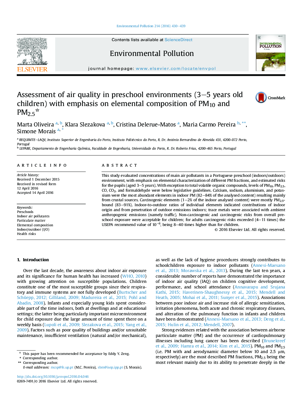 Assessment of air quality in preschool environments (3-5 years old children) with emphasis on elemental composition of PM10 and PM2.5