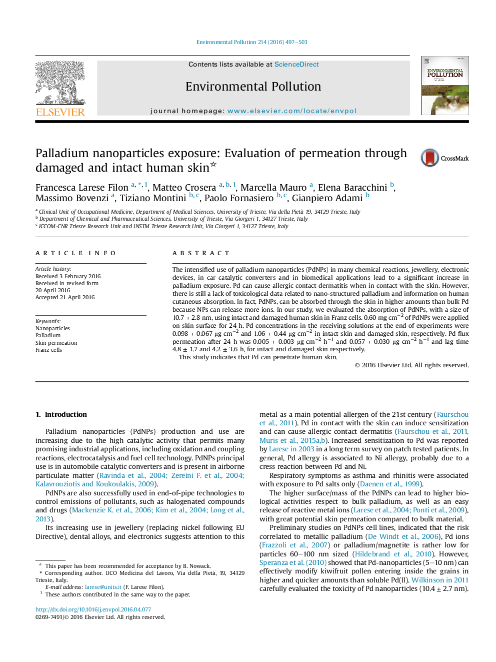 Palladium nanoparticles exposure: Evaluation of permeation through damaged and intact human skin